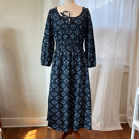 J. Crew Dresses & Skirts - J. Crew Black Dress with Teal Pattern, Long Sleeve Maxi with Pockets Size 8 NWT